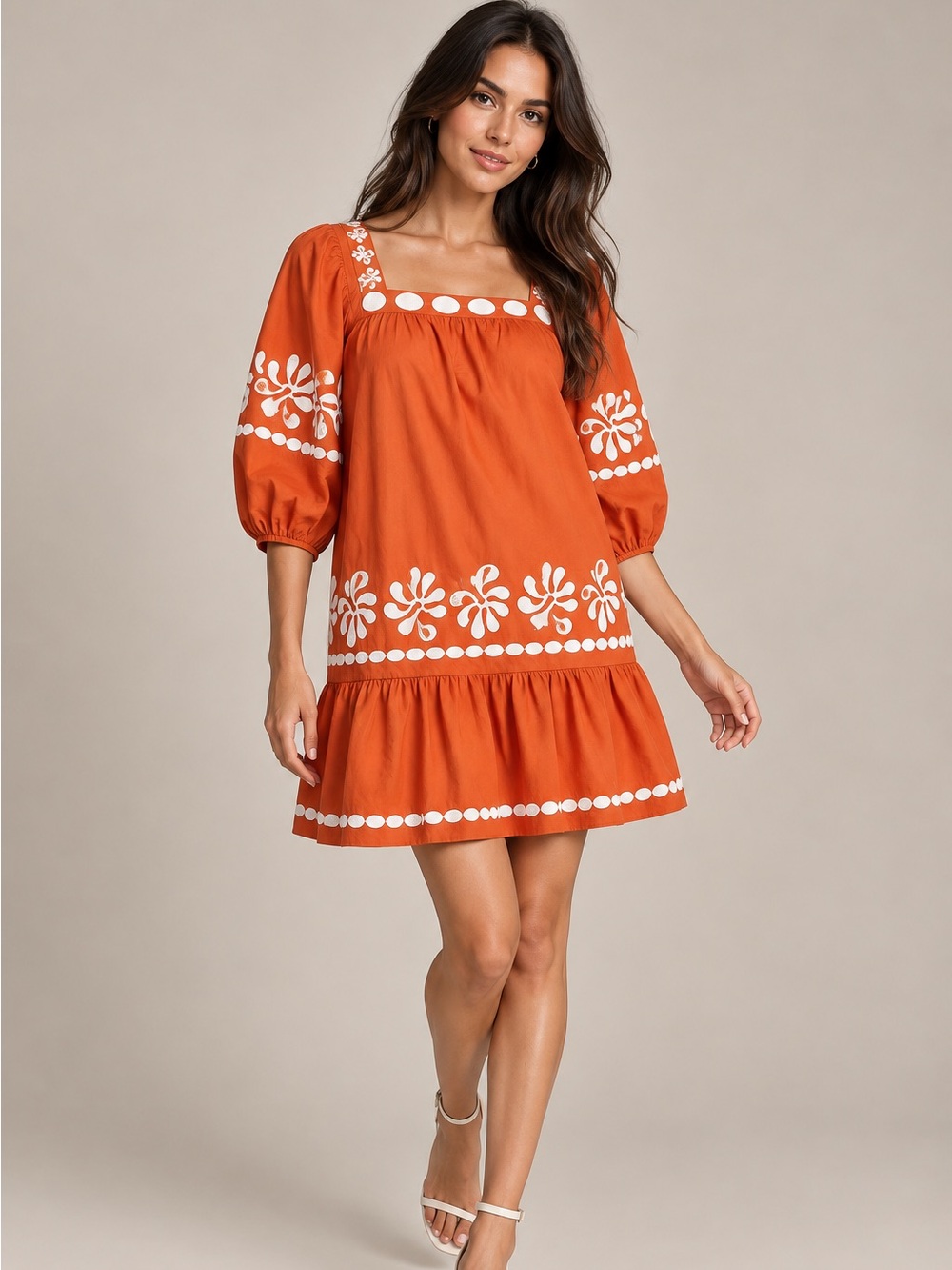 J.Marie Amalia Embroidered 3/4 Sleeve Square Neck Dress Sz M